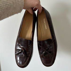 Vintage Ralph Lauren Dark Brown Croc Embossed Leather Loafers (Fits Size 7)